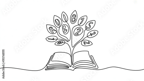 Financial knowledge grows from education symbolizing wealth and literacy through currency leaf growth from an open book in a simple line drawing