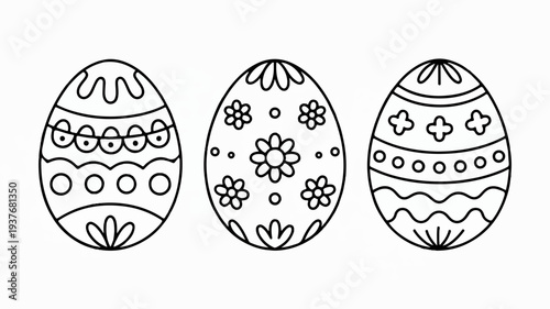 Three decorated easter eggs with floral patterns and stripes on a white background for coloring book pages