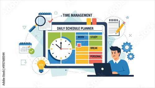 Illustration of a man using a digital daily schedule planner for effective time management and productivity.