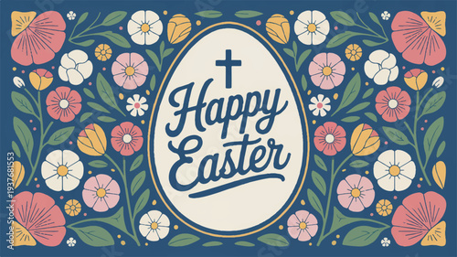Easter celebration card with colorful floral pattern and happy easter text on egg shape