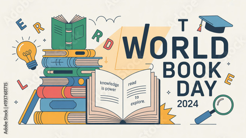 World book day 2024 illustration with books graduation cap light bulb and magnifying glass on beige background