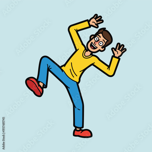 Man in yellow shirt and blue jeans slipping or falling down