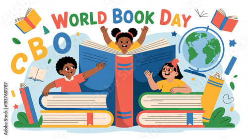 Children celebrating world book day with books and globe