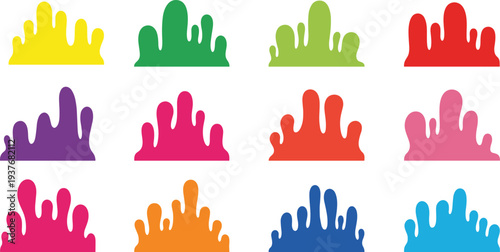 Colorful paint drip silhouettes, liquid melting splash elements, vibrant ink drops, abstract gooey slime shapes, creative artistic design, multi-color fluid spill icons.