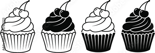 Cupcake icons with cherry topping, featuring outline, silhouette, and filled styles for bakery menu, dessert design, sweet pastry, and food logo,