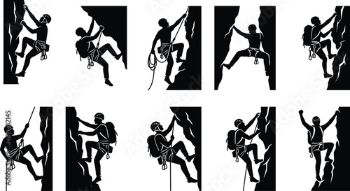 Rock climber silhouettes, mountaineer scaling cliffs, outdoor adventure sports, extreme bouldering, rappelling, climbing gear icons, wilderness activities, hiking.