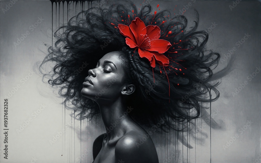 Fototapeta premium A woman with flowing black hair and a red flower eyes closed in