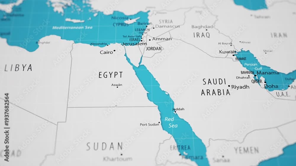 Middle East on a detailed political map of the world. Movement from ...