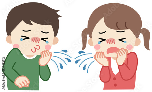 咳やくしゃみをする体調不良・花粉症の子供たちのイラスト