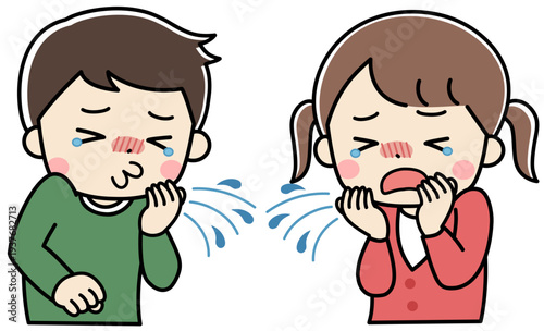 咳やくしゃみをする体調不良・花粉症の子供たちのイラスト