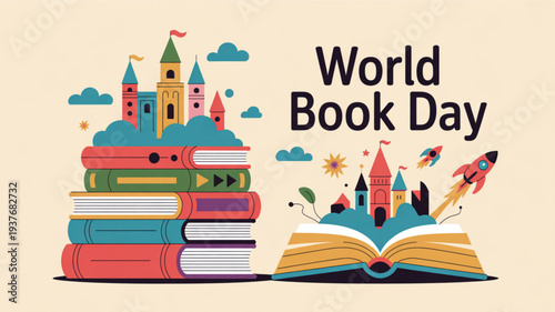 Colorful world book day illustration with books and fantasy castles rockets emerging