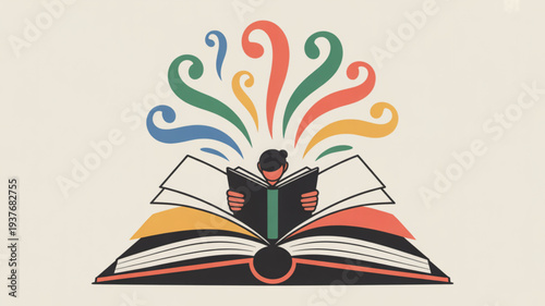 Person reading book with colorful swirling ideas emerging from it symbolizing knowledge and creativity