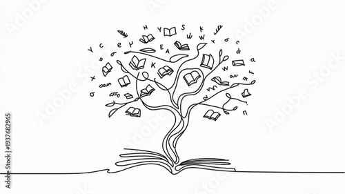 Tree of knowledge grows from open book with floating letters and icons symbolizing education and learning