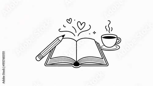 Open book with pencil and steaming cup of coffee symbolizing love for reading and learning in a cozy setting