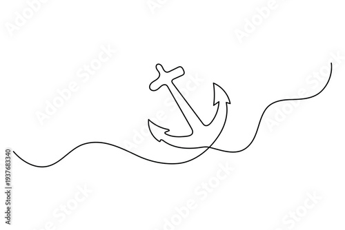 Anchor continuous one line drawing nautical marine ship symbol minimal ocean travel line art vector illustration
