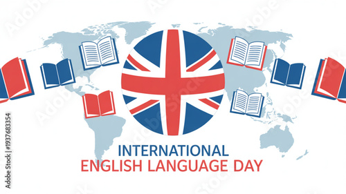International english language day celebration with uk flag and books around world map