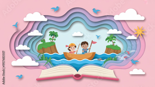 Two children on a boat sailing through a fantastical storybook landscape with rainbow waves and tropical islands