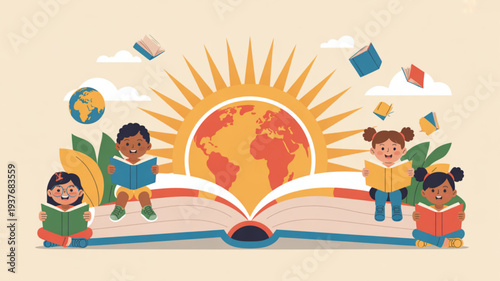 Diverse children reading books around a giant open book with the earth and sun symbolizing global education and learning