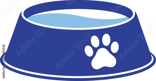 Blue pet water bowl vector illustration, filled with water, paw print design for dogs and cats, simple decorative animal care graphic