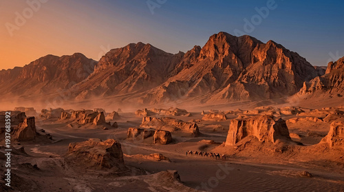 Lut Desert Iran at golden hour sunset with camel caravan, sandstone rock towers, tall mountain range, orange sky.