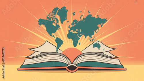 Open book with world map emerging from pages at sunrise symbolizing global knowledge and education