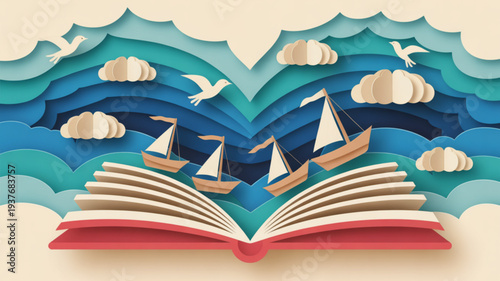 Vibrant layered paper art of sailboats emerging from an open book with wavy clouds and seagulls