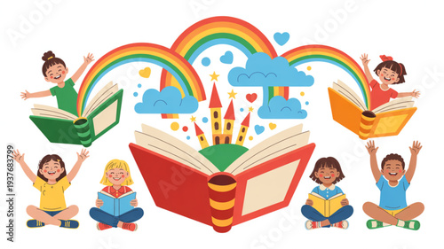 Children sitting around a magical open book with rainbows and castles reading and playing happily together
