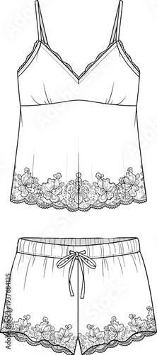 Women’s pajama set, camisole top, shorts with lace trim, fashion illustration, technical sketch, garment construction, apparel design, clothing template, nightwear