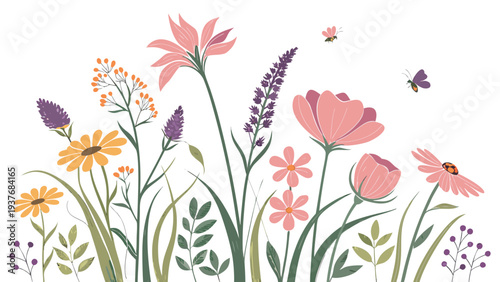 Gemini said

A vibrant spring nature pattern featuring a vector illustration of flowers and grass with pink blossom elements and green leaf drawings for a floral garden wallpaper design