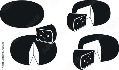 Cheese wheel vector illustration set, whole and sliced wedges with interior texture, decorative culinary design for food and kitchen art