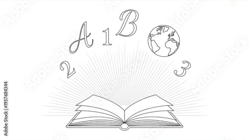 Open book with letters and numbers flying out symbolizing education and global learning
