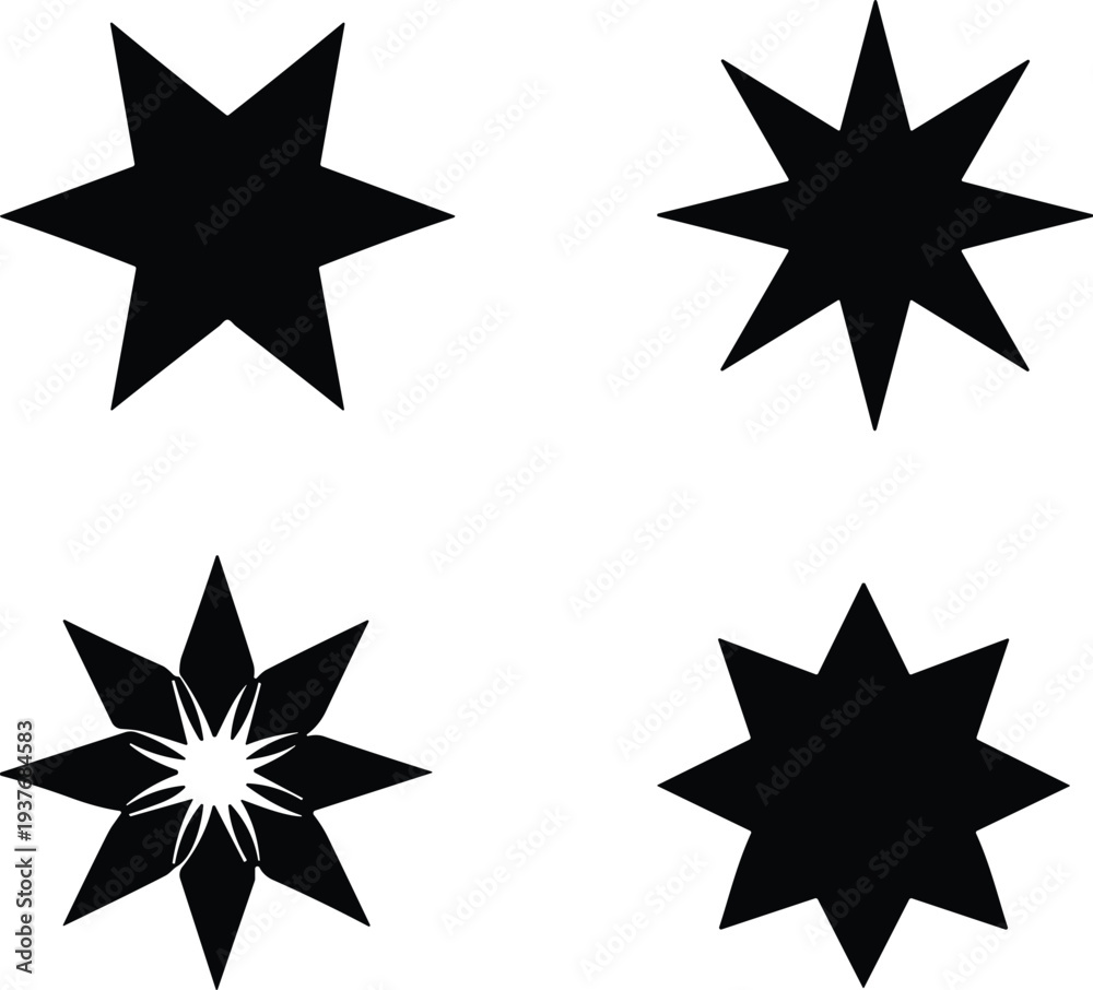Obraz premium Eight-pointed star icon set with geometric variations, sharp and rounded tips, decorative design for symmetry, creativity, pattern, and artistic illustration