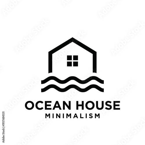 Minimalist Ocean House Logo Design with Modern Home Icon and Sea Waves Symbol