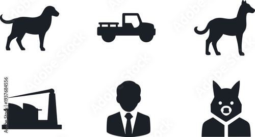 Dog silhouettes with pickup truck, oil pumpjack, businessperson and anthropomorphic figure vector illustration, symbolic design for creative themes