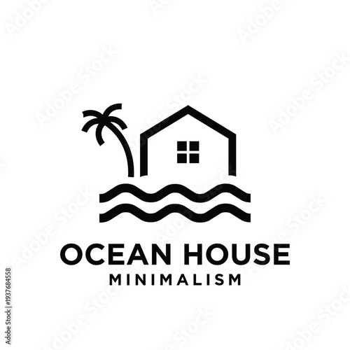 Minimalist Ocean House Logo Featuring Palm Tree and Waves