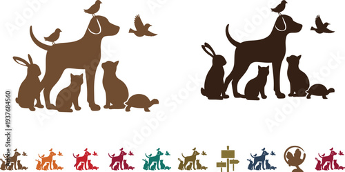 Dog surrounded by rabbit, cats, turtle and birds vector illustration, colorful animal group design symbolizing harmony and welfare themes