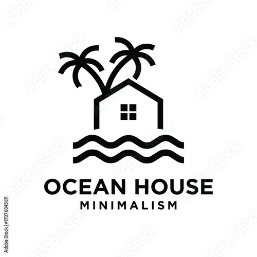 Minimalist Ocean House Logo with Palm Trees and Waves Vector Icon