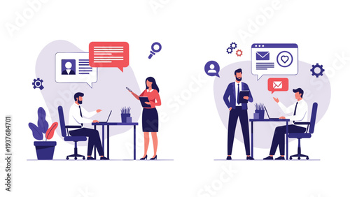 Split illustration showing different office scenes with employees working on laptops, talking, and collaborating on projects.