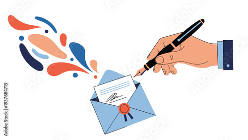 Close up of a hand holding a black fountain pen while writing a letter next to a blue envelope with a wax seal.