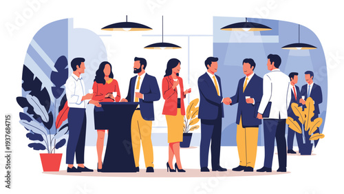 Diverse group of business professionals networking and socializing at a formal corporate cocktail party or networking event.