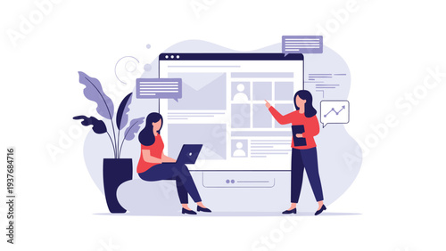 Two female designers collaborating on a website user interface layout displayed on a large computer monitor screen.