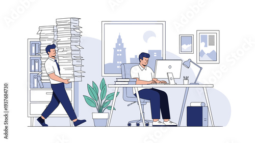 Overwhelmed office employee carries a massive stack of papers past a colleague who is working calmly on a computer at their desk.