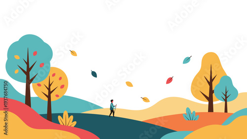 Lone hiker explores a colorful autumn landscape with rolling hills and vibrant trees while leaves blow gently in the cool breeze.