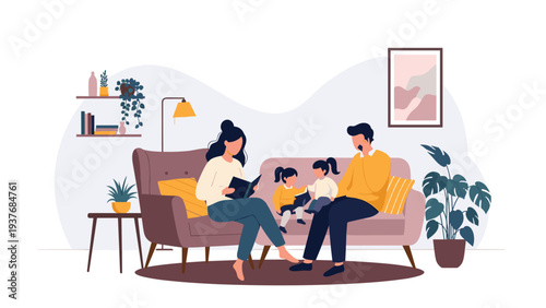 Loving family gathers in a cozy living room to read books together on a comfortable sofa surrounded by indoor plants and decor.