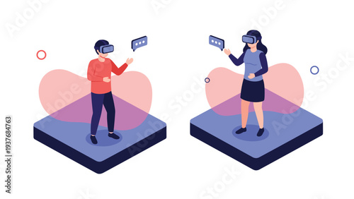 Two individuals experience immersive virtual reality using headsets and interacting in a minimalist digital environment for gaming.