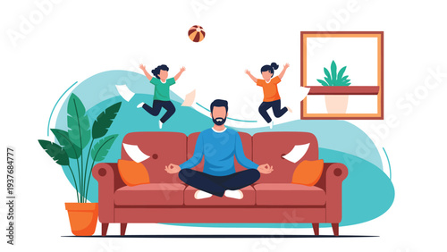 Tired father attempts to find inner peace through meditation while his energetic children jump and play on the sofa behind him.