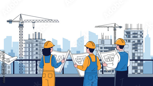 Professional engineers and architects wear hard hats and study blueprints while overlooking a busy city skyline from a rooftop.