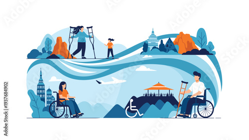 People with physical disabilities travel and explore scenic landscapes including mountains and historic landmarks with equipment.