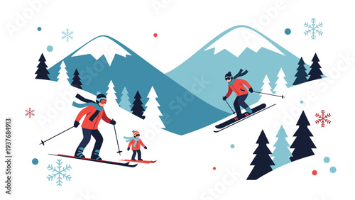 Happy family enjoys a winter vacation by skiing and snowboarding down a snowy mountain slope under a sky filled with snowflakes.