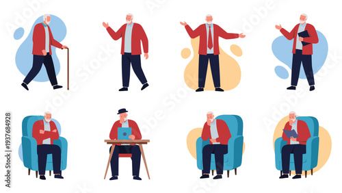 Collection of illustrations depicts an elderly man engaged in various activities like walking with a cane and relaxing at home.